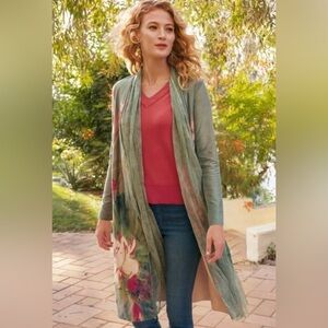 Soft Surroundings Green Floral Duster Cardigan